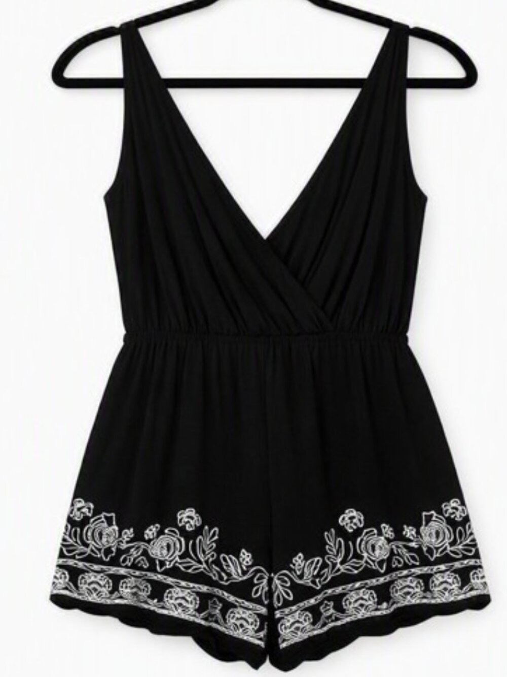 Kendall & Kylie Black Embroidered Romper – Sleeveless Deep‑V Floral Hem - Small